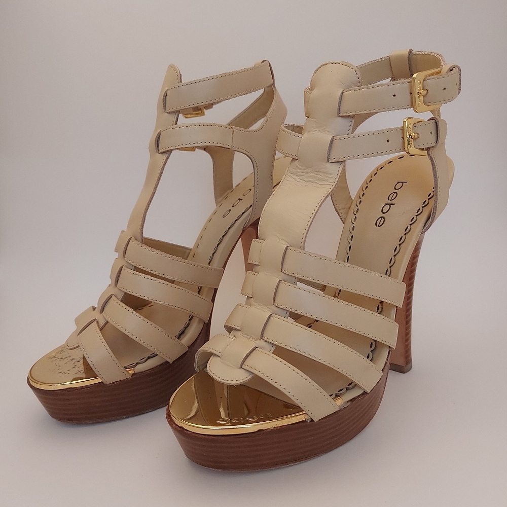 Bebe Women's Tan Strappy Platform Heels